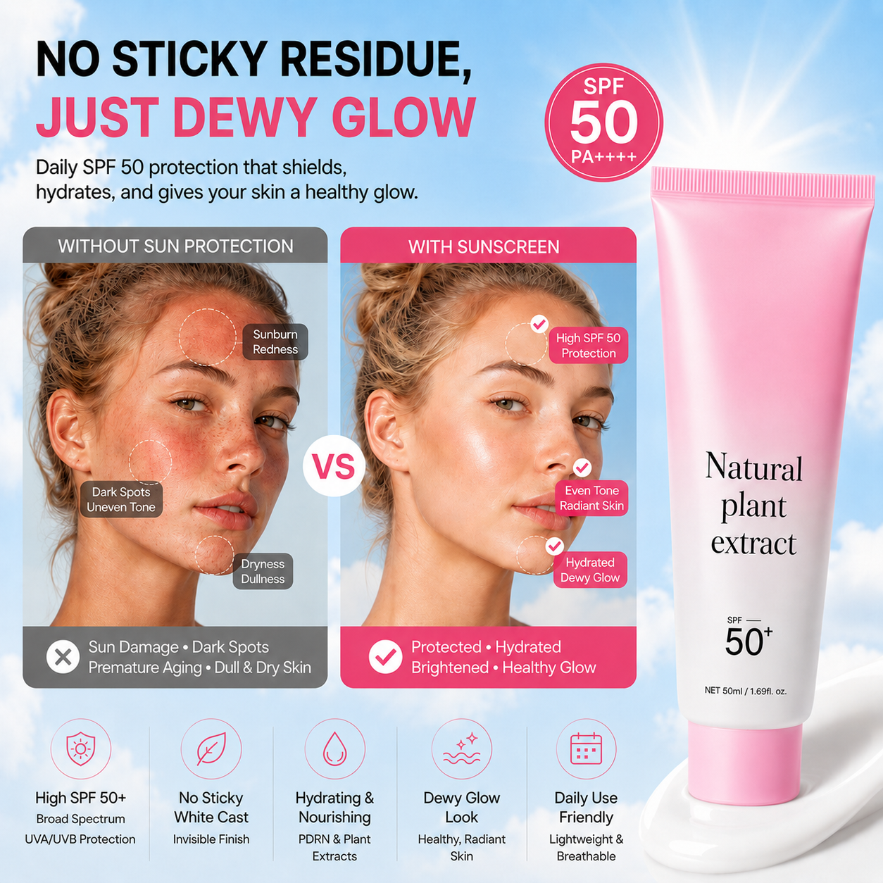 ☀️No Cast Just Dew PDRN Hydrating UV Sun Serum | Daily Lightweight Sunscreen SPF 50