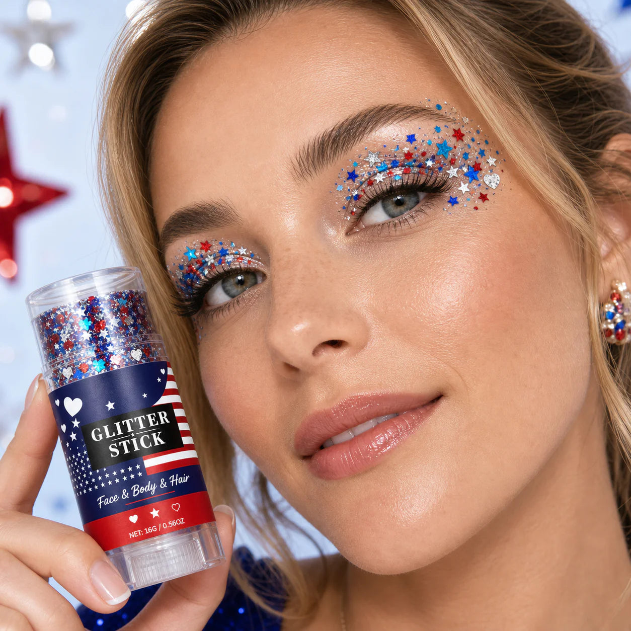 🔥🔥July 4th Independence Day celebration: body, face, hair, and sparkling star makeup sticks.