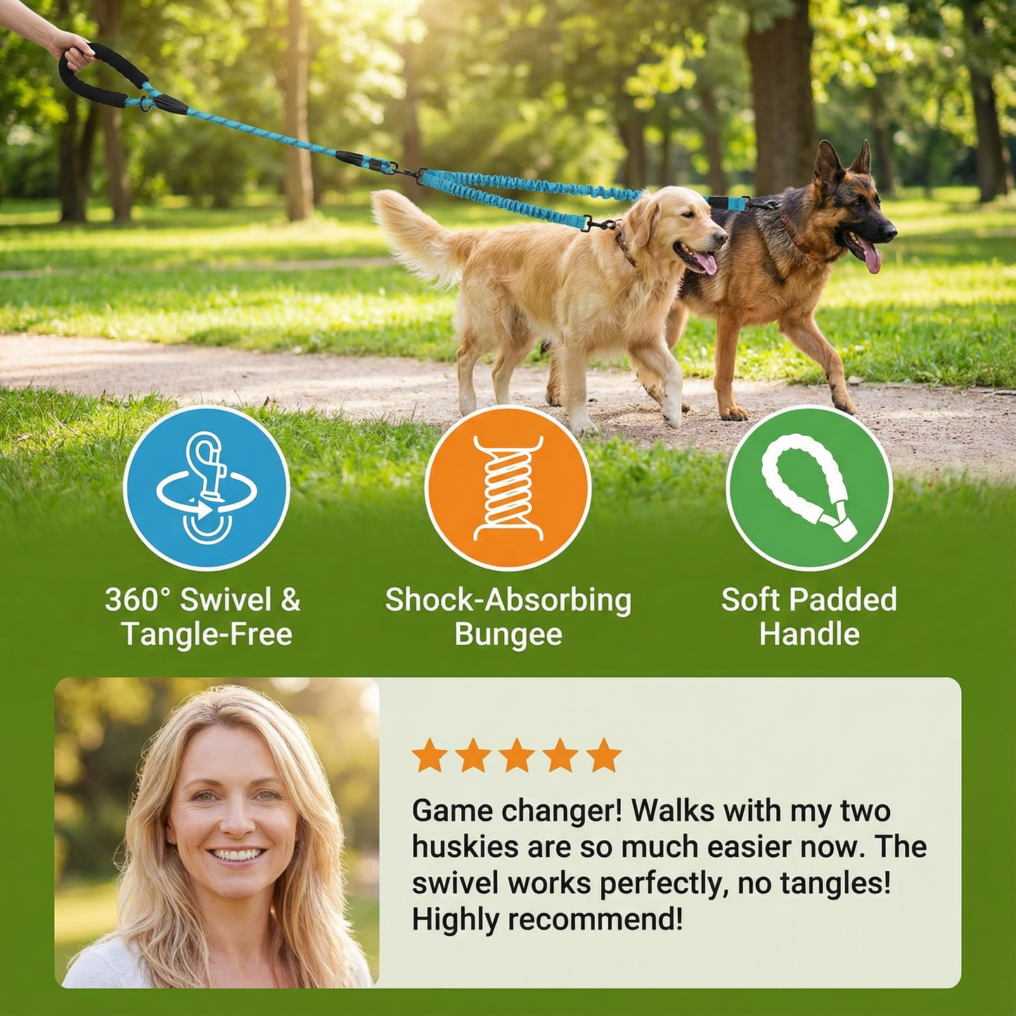 2-in-1 Double Dog Lead with 360° Swivel